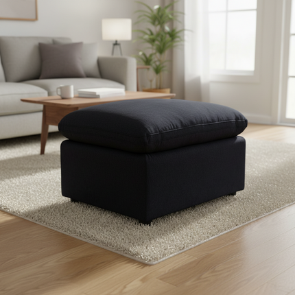My Cloud 30 inch Ottoman in Slate Blue styled beside a sofa in a cozy living room