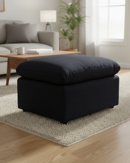 My Cloud 30 inch Ottoman in Slate Blue styled beside a sofa in a cozy living room