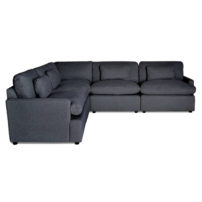 The Free Fabric Swatches sectional sofa features cushioned dark gray seats and backrests in an L-shape. Its modern design stands out against a white background, emphasizing the fabrics texture and sleek lines.