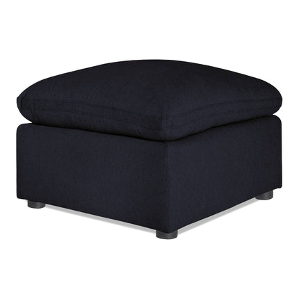 The My Cloud 30 Ottoman features a square black design with a cushioned top, short legs, and soft fabric for a modern and comfortable look.