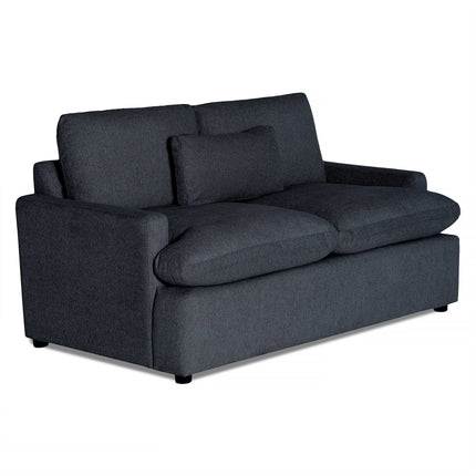 Check out the My Cloud Loveseat, featuring dark gray fabric, plush cushions, and armrests. With a clean, modern design and a matching rectangular throw pillow on a white background, it combines elegance and comfort seamlessly.