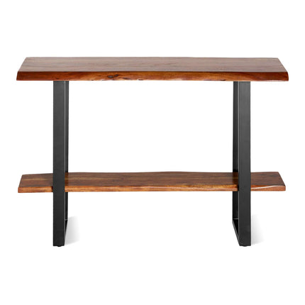 The Live Edge Media Console exudes rustic charm with a natural wood finish on its two shelves and sleek black metal legs, highlighting visible grain patterns for a simple yet modern design.