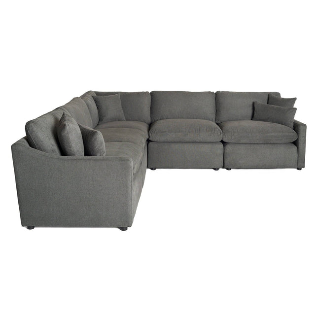 The product is a gray sectional sofa with plush cushions in an L-shape, featuring two armrest sides. Its smooth upholstery complements the white background. Ideal for coordinating with free fabric swatches.