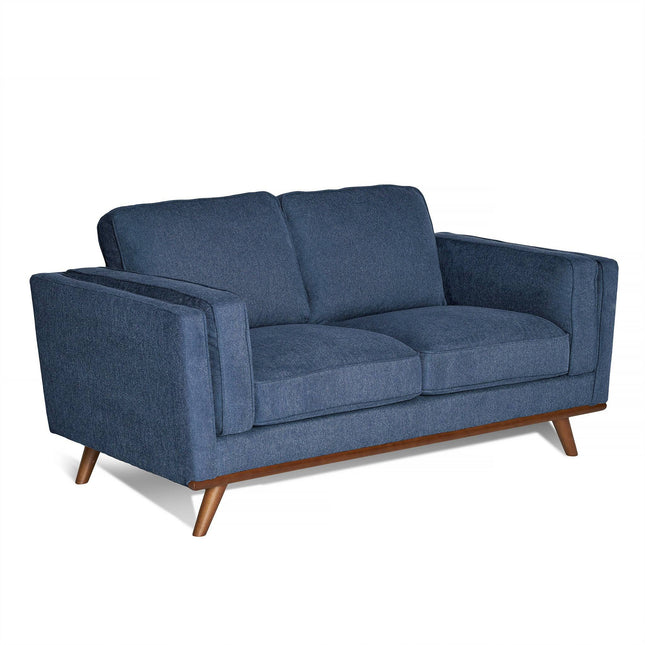 The Maddox Loveseat is a blue mid-century modern piece with durable construction, featuring angled wooden legs, two seat cushions, wide armrests, and a clean minimalist design.