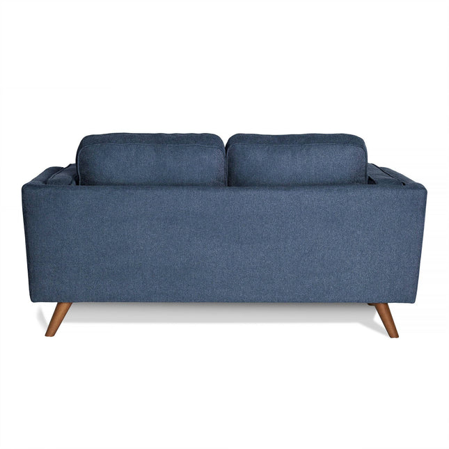 The Maddox Loveseat showcases a minimalist, mid-century modern design with its back view revealing a sleek dark blue finish, wooden legs, durable construction, and two back cushions.