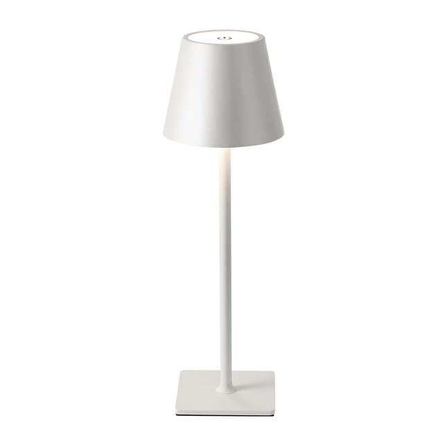 Discover the Aura Lamp - a modern white table lamp with a conical shade, slim straight stand, and square base. Designed for versatile downward lighting, it includes a small circular touch button on top for easy use.